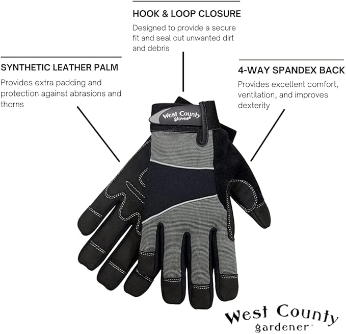 West County 013C/XXL Men's Gloves – 3X-Large, Charcoal, Work Gloves with Four-Way Spandex Backing, Adjustable Cuff