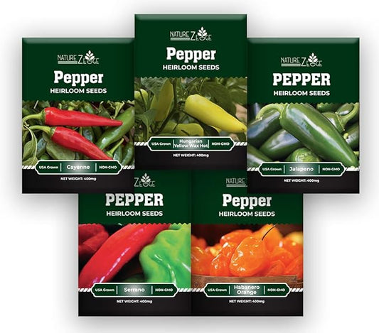 Hot Pepper Seeds for Planting, Cayenne, Hungarian Yellow, Jalapeno, Serrano, Habanero Orange, Heirloom Pepper Seeds Variety Pack, NonGMO