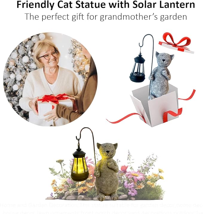 lightsfever Animal Garden Statue with Solar Lantern, Cute for Patio,Balcony,Yard, Lawn, Gift for Grandma, Garden Gifts Women, Outdoor Decor, Gardening Gifts (Gray Cat)