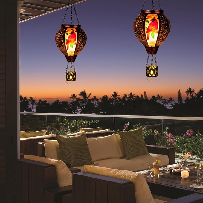 Cardinal Solar Hot Air Balloon Lantern with Flickering Flame Hanging Solar Lanterns Outdoor Waterproof,Metal Hot Air Balloon Lights for Patio Yard Party Garden Decor,Cardinal Gifts for Women