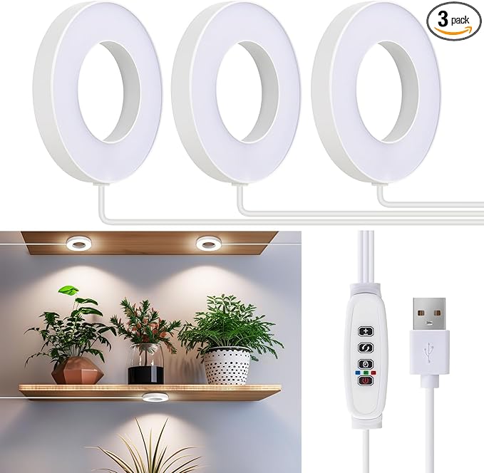 Ceiling Grow Lights for Indoor Plants, 144 LEDs Full Spectrum Halo LED Plant Light, with 3/9/12H Auto Timer Switch, 3 Colors,10 Dimming, Plant Lights for Small Plants, 3 Head