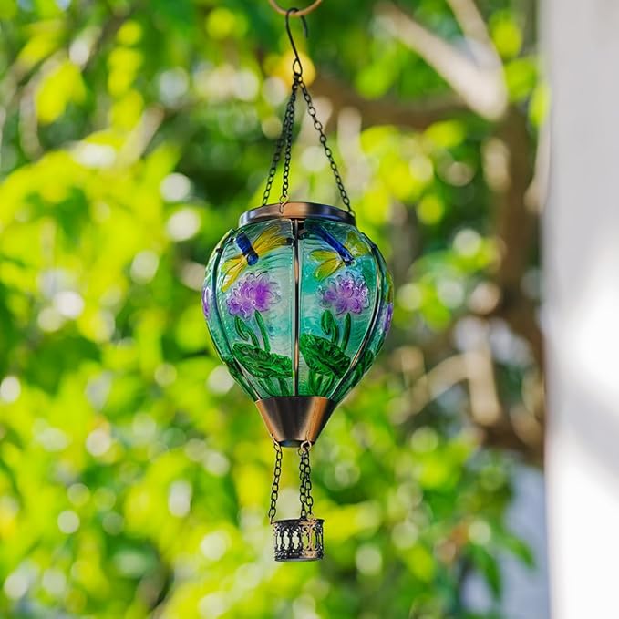 Starsoul Starsoul Dragonfly Hot Air Balloon Solar Lantern Glass Outdoor Hanging Hot Air Balloon Solar Flickering Flame Light Waterproof Garden Patio Yard Party Decorations