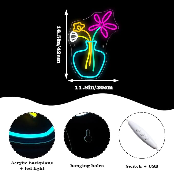 Flower Vase Neon Sign,Dimmable Neon Lights,Neon Flowers Sign for Wall Decor,Anime Flower Shape USB Connectivity Light Up Neon for Kids Room Girls Room Bar Birthday Party