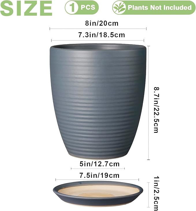 8 Inch Ceramic Plant Pot Large Planter Pot for Plants Indoor Outdoor Glaze Flower Pot with Drainage Hole and Saucer Gray