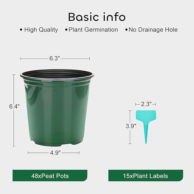GROWNEER 48 Set 6" 1 Gallon for Plants Flexible Nursery Pot with Drainage Hole and 15 Pcs Plant Labels, Flower Plant Container for Indoor Outdoor, Seedlings, Vegetables, Succulents, Green