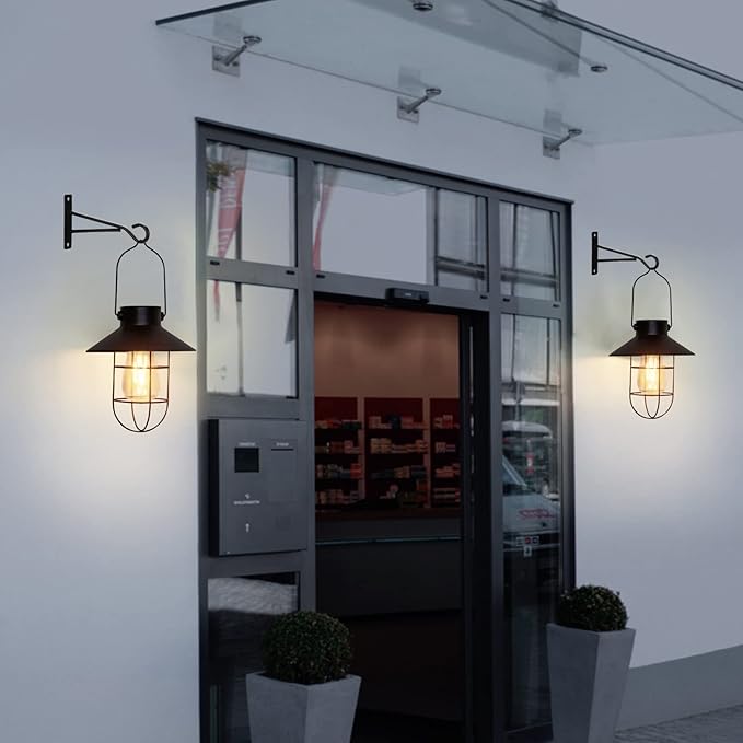 pearlstar Solar Lanterns Outdoor Metal Solar Powered Hanging Lights Waterproof for Wall Barn Yard Garden Patio Garage Balcony Porch Fence Decor, Warm White Edison Bulb (Black-2pack)