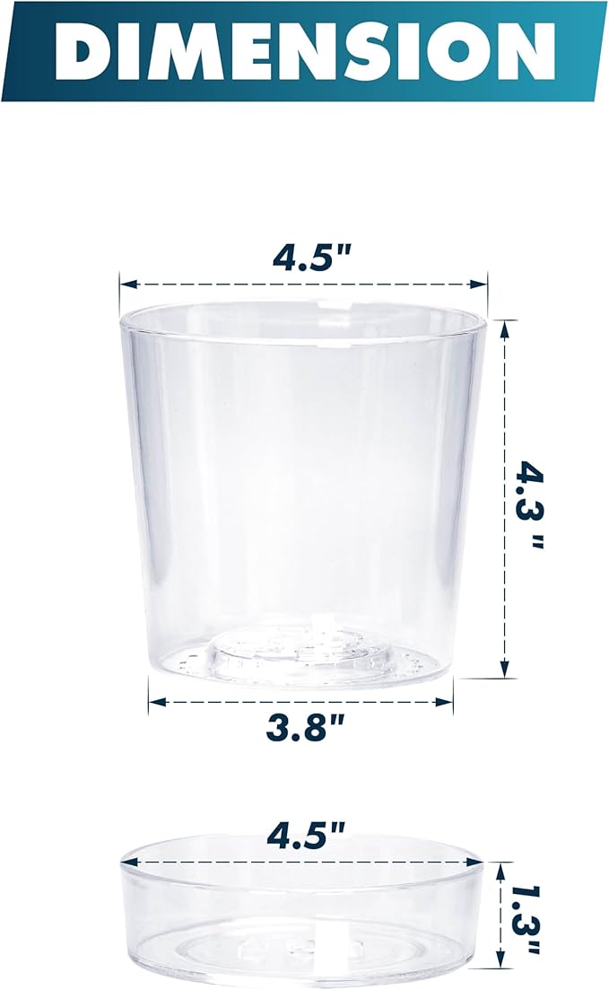 Phoenix Vine 4.5 Inch Clear Acrylic Planter Pot with Tray, Orchid Pot with Drainage Holes, Deep Saucer for Bottom Watering, Transparent Containers for Indoor Plants, Herbs, Set of 2, 91-A-E-2