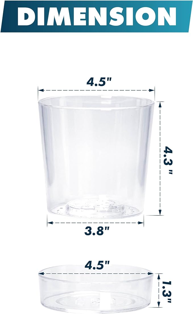 Phoenix Vine 4.5 Inch Clear Acrylic Planter Pot with Tray, Orchid Pot with Drainage Holes, Deep Saucer for Bottom Watering, Transparent Containers for Indoor Plants, Herbs, Set of 4, 91-A-E-4