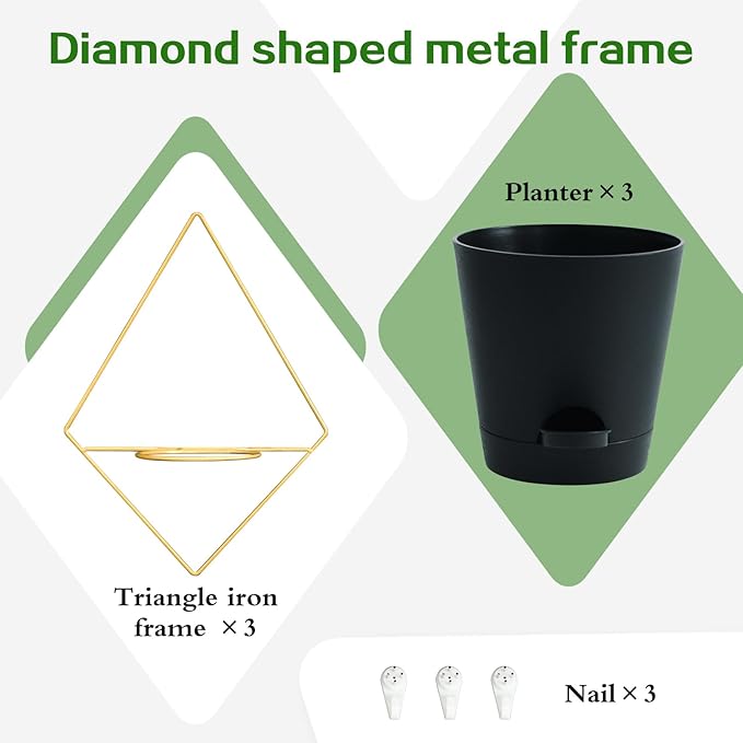 3 Sets of Wall Planters for Indoor Plants, Hanging Wall Planter with Gold Metal Holder, Geometric Self Watering Wall Flower Pots, Wall Mounted Succulent Planter, 5" Black Plant Pot