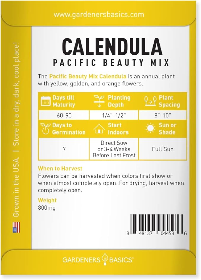 Gardeners Basics, Calendula Seeds for Planting (Pacific Beauty Mix) - Annual Flower Seeds Great for Cut Flower Gardens, Herbal Tea and for Medicinal Purposes, Open Pollinated Flower Seed