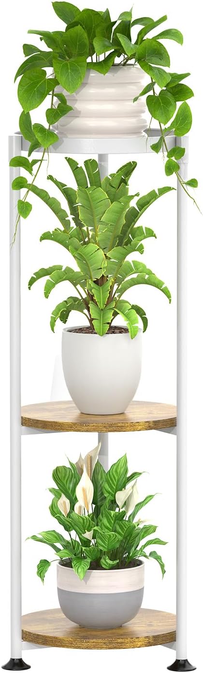 KMOTASUO 3 Tier Tall Plant Stands Indoor, 34 Inch Metal Wood Corner Plant Stand for Indoor Plants, Round Flower Pot Holder Shelf Display Rack for Balcony Garden Patio Living Room(White)