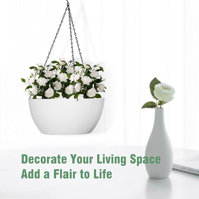 10 inch Hanging Planters for Outdoor Indoor Plants with Drainage Holes and Chain, 2 Pack Round Hanging Flower Plant Pots for Garden Home Porch Decor, White