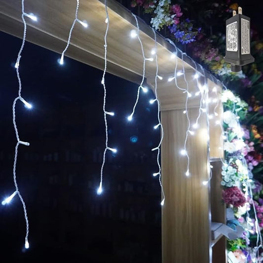 YASENN 300Led Icicle Style String Lights 29.5FT,Update Connectable 8 Lighting Modes with Timer Icicle Lights for Home Garden Outdoor Indoor Eave Decor (Cool White LED White Cable)