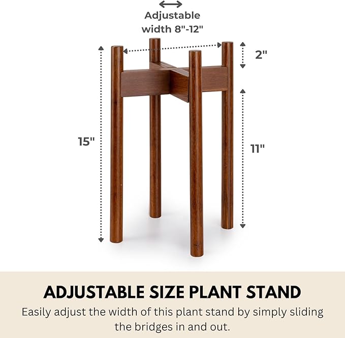Fox & Fern Adjustable Tall Plant Stand Indoor — 8 to 12 Inch Mid Century Bamboo Plant Stand with Adjustable Width; Plug In Design; Easy to Assemble; Two Height Options - For 8, 9, 10, 11 & 12 In Pots