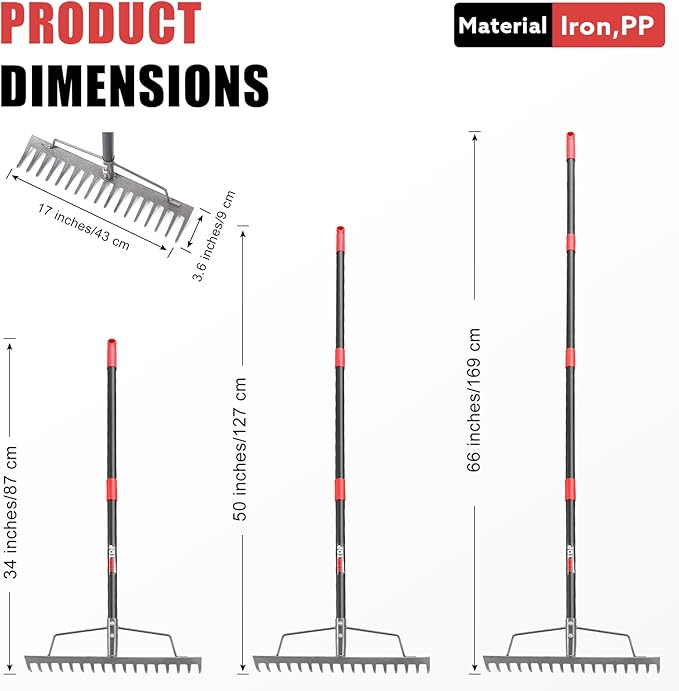 17 Tines Garden Rake Heavy Duty Bow Rake with Adjustable Handle Metal Rake for Gardening Farming