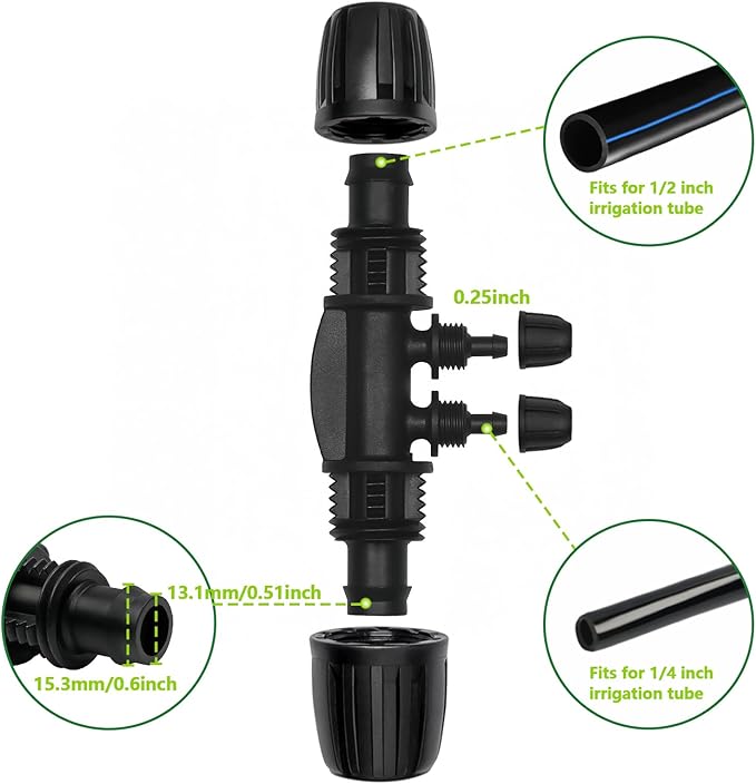 13 Pcs Drip Irrigation Fittings for 1/2 Inch Tubing (1/2" ID x 0.65" OD) to 1/4 Inch Irrigation Tubing, Locked Barbed 1/2" to 1/4" Reducing Tee Connector Drip Line Parts