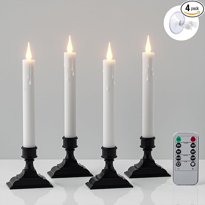 DRomance Flameless Window Candles with Remote Timer, 4 Pack White LED Flickering, Dripping Wax Effect, Suction Cups Included