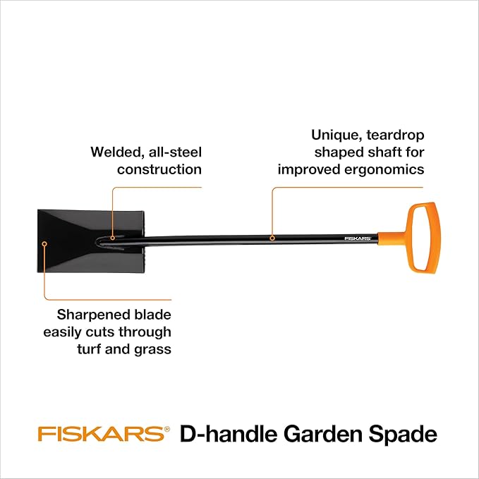 Fiskars 46" Spade Garden Shovel, Steel Flat Spade with Ergonomic D-Handle, Sharp Blade Square Shovel for Lawn Edging, Digging, Pruning, Heavy Duty Yard Tool, Easy Cuts in Grass and Turf