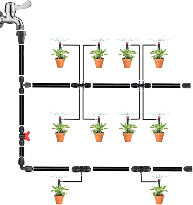 Drip Irrigation Fittings Kit for 1/2 Inch Tubing -18 Pieces Set- 3 Tees,3 Switch Valves,3 T Connectors,2 Elbows,3pcs 1/2" to 1/4" tubing Reducers,4 End Cap, Barbed Locked Nuts Connectors