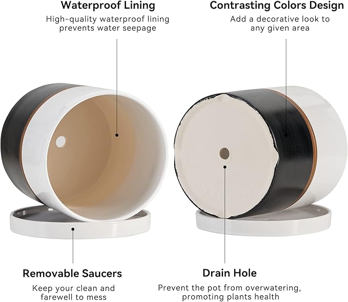 Ekirlin 6 inch Plant Pot - Ceramic Flower Planters Indoor - Modern Succulents Containers with Drain Hole Saucer, Decorate Home, Office & Outdoor (Black)