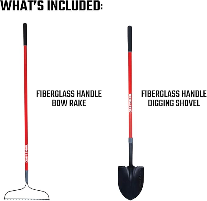 Craftsman 2-Piece Garden Tool Set with Digging Shovel and Bow Rake, Fiberglass Handles, Cushion Grips, for Landscaping, Gardening & Construction