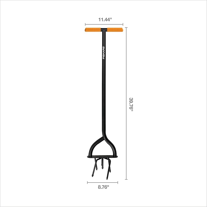 Fiskars 40" Steel Tiller, Long Handle Hand Tiller for Gardening, Garden Tool