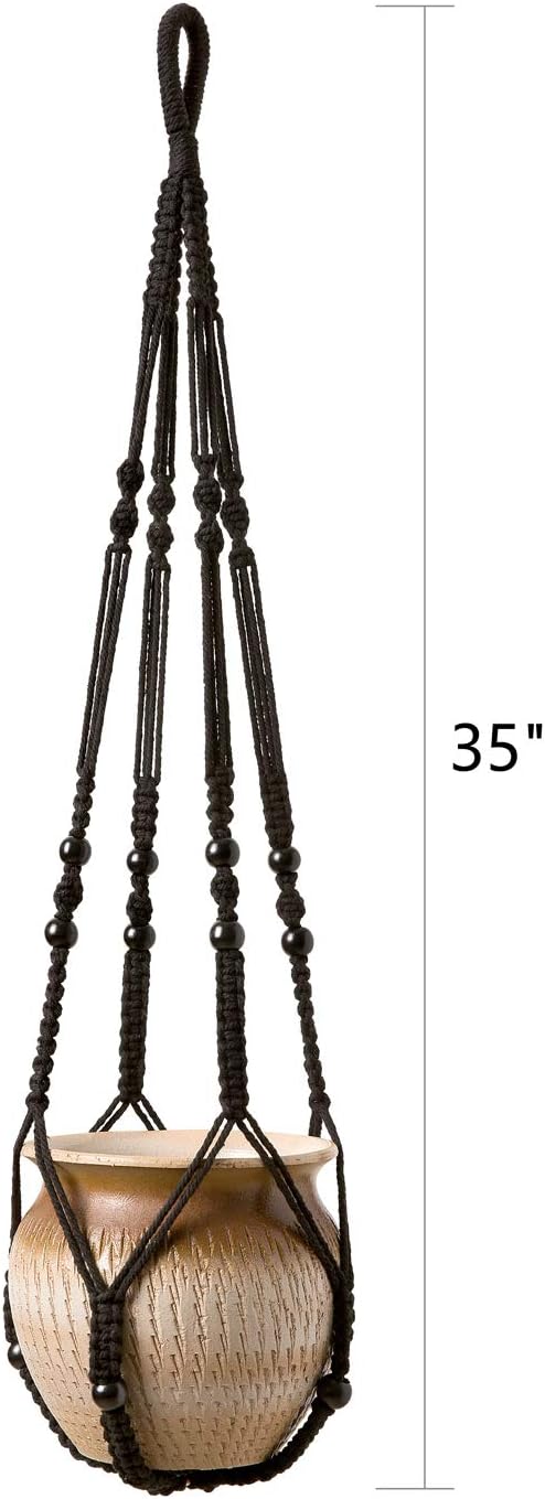 Mkono Macrame Plant Hanger Indoor Hanging Planter Basket with Wood Beads Decorative Flower Pot Holder No Tassels for Indoor Outdoor Boho Home Decor 35 Inch, Black, Set of 3 (POTS NOT Included)