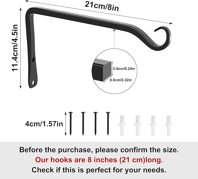 Gtongoko 2 Pack 8 Inch Metal Plant Hangers Wall Hooks for Hanging Plant Brackets, Outdoor Hooks for Hanging Bird Feeders, Flower Baskets, Lanterns, Wind Chinme, Solar Lamps