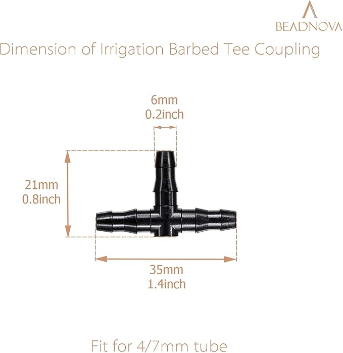 BEADNOVA Drip Irrigation Parts 60 Pcs 1/4 Inch Barbed Tee Couplings Drip Irrigation Fittings Drip Line Connectors for 1/4 Inch Irrigation Tubing Garden Watering System (60pcs)