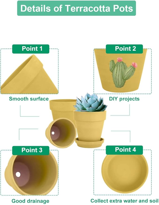 vensovo 4 Inch Small Yellow Terracotta Plant Pots with Saucer - 6 Pack Clay Flowerpots with Drainage, Great for Indoor Outdoor Plants, Crafts, Wedding Favor