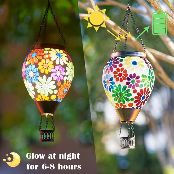 Starsoul Mosaic Flowers Hot Air Balloon Solar Lantern Glass Outdoor Hanging Hot Air Balloon Solar Flickering Flame Light Waterproof Garden Patio Yard Party Decorations