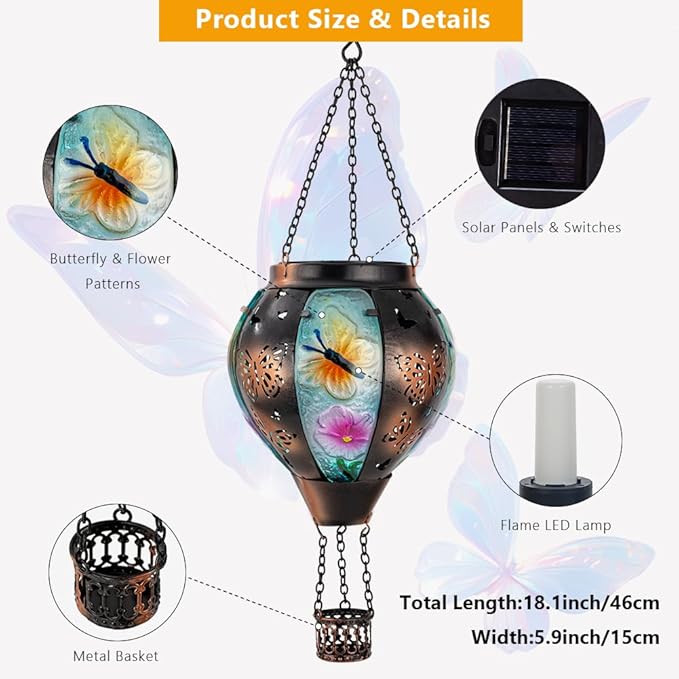 DREAMSOUL Butterfly Hot Air Balloon Solar Lantern, Glass & Metal Outdoor Lantern Hanging Solar Lanterns Outdoor Waterproof for Garden Patio Party