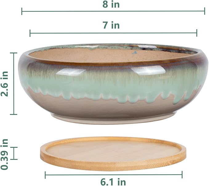 SQOWL 7 Inch Ceramic Succulent Planter Pot with Drainage Hole Drip Glazed Binsai Pot with Bamboo Tray for Indoor Plants