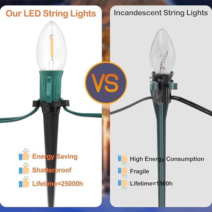 C9 Christmas String Lights for Pathway , 26FT LED 20 Clear Lights with 20 Stakes, Waterproof Shatterproof 2700K Warm White Linkable Walkway Lights for Outdoor Indoor Xmas Driveway Yard Garden Decor