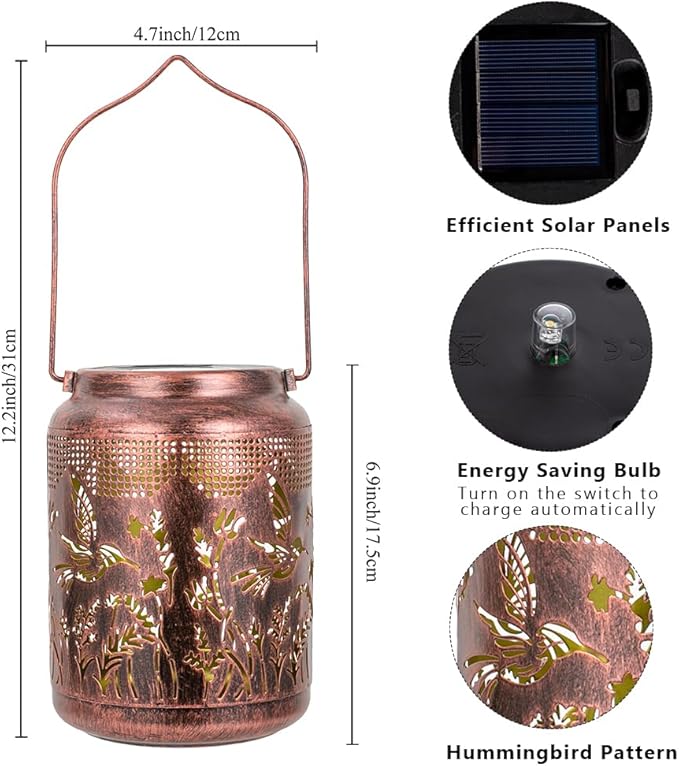 2 Pack Hummingbird Solar Lanterns Outdoor Waterproof LED 6.9" Metal Hanging Solar Lights Outdoor Hummingbird Decorative Lanterns for Patio,Garden,Pathway,Lawn Yard Birthday Gifts for Women Mom