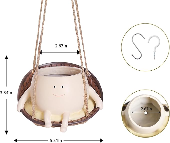 Hanging Swing Chair Planter Pot Resin Smiley Face Planter for Indoor Outdoor Plant Cute Head Flower Pots for String of Pearls Plant Live Unique Gift IdeaI for Mother Day, Christmas (Small)