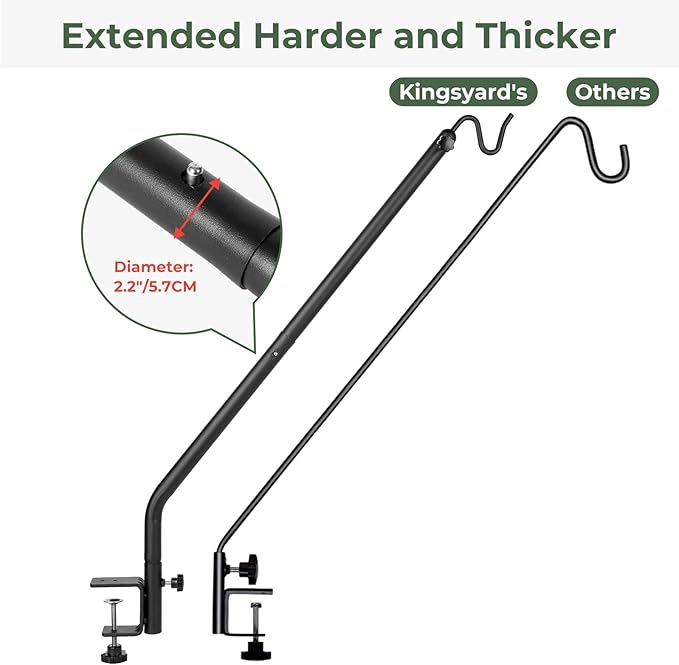 Kingsyard Heavy Duty Deck Hook, 27"-39" Adjustable Metal Deck Railing Hooks for Hanging Bird Feeders, Planters, Suet Baskets, Lanterns, Wind Chimes, Clamp Mounted