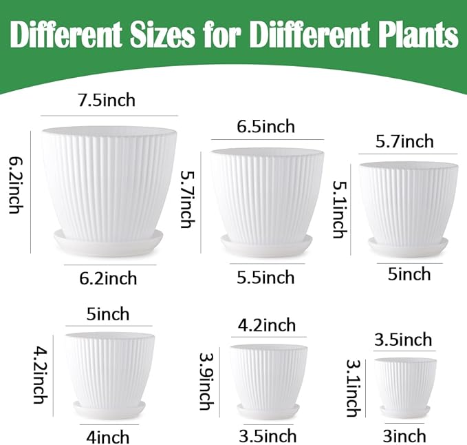7.5/6.5/5.5/4.9/4.2/3.5 Inch Plant Pot, Plastic Flower Pots with Drainage Indoor/Outdoor Plant Pots, Set of 6 Pack White Plastic Pot for Plant Planters with Saucers