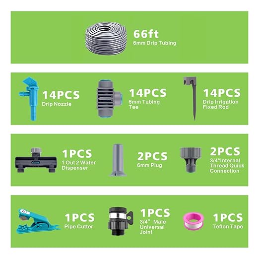 Drip Irrigation System Kit 66ft, Quick Connect Automatic Watering System for Potted Plants with 6mm Irrigation Tubing for Outdoor Garden Indoor Plants Greenhouse