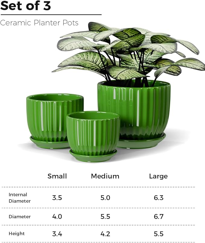 Ceramic Plant Pots,4"+5"+6" Inch,Green Flower Pots with Drainage Holes and Tray,Indoor Planters for Plants Pots,Home Office Decoration GIF for Plants,Succulent Pot Set of 3