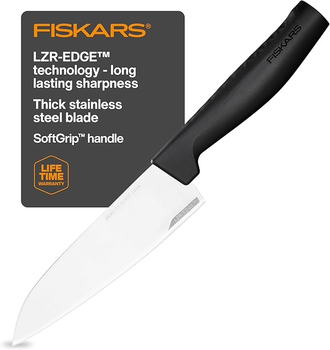 Fiskars Hard Edge Small 5.3" Chef Knife - Japanese Stainless Steel Blade Stays Sharp for Everyday Use - Non-Slip Handle for Effortless Cutting - Dishwasher Safe