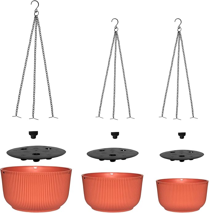Hanging Planters for Indoor Plants, 3 Pack Plant Hanger Outdoor with Drainage Holes, Self Watering Hanging Basket Flower Pot for Garden Home Decor, 9/10/11 Inch, Orange