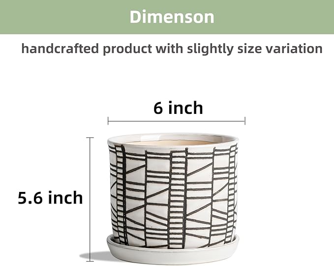 6 Inch Plant Pot: Ceramic Planter with Drainage Hole & Saucer for Indoor Outdoor Plants - Flowerpot with Bonded Tray for Home Office - Stripe Debossed