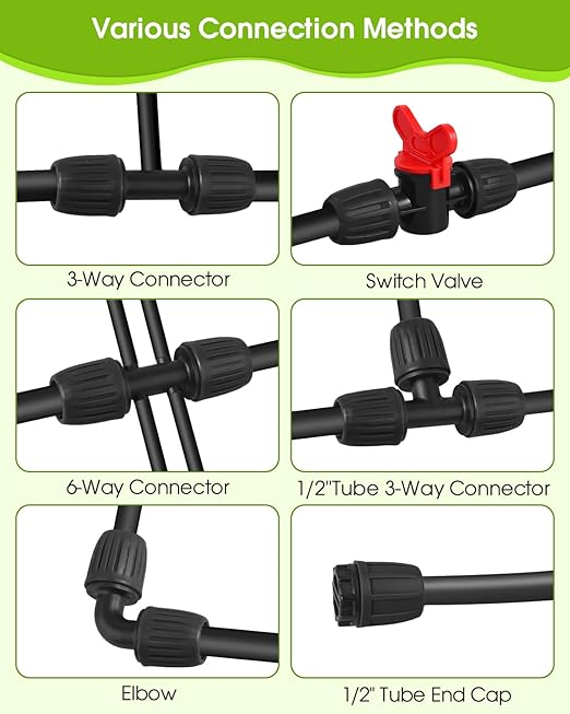 18 Pcs Drip Irrigation Fittings Kit for 1/2'' Tubing 1/2 Inch Drip Line Anti Drop Barbed Locking Nut Connector with 4 Tees 4 Couplings 3 Reducing Tee 3 Switch Valves 2 Elbows 2 Plugs