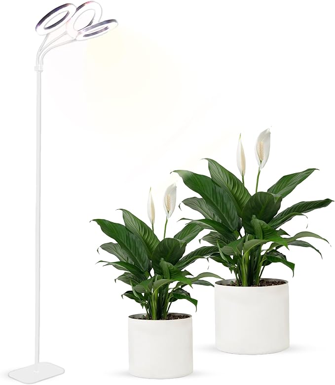 Hanging Grow Light for Indoor Plants with Warm Colors, Full Spectrum Plant Standing Lamp for Seeding Small and Large Plants with 3 Heads, Auto On/Off Timer and Adjustable Tripod Stand– 30 Watts