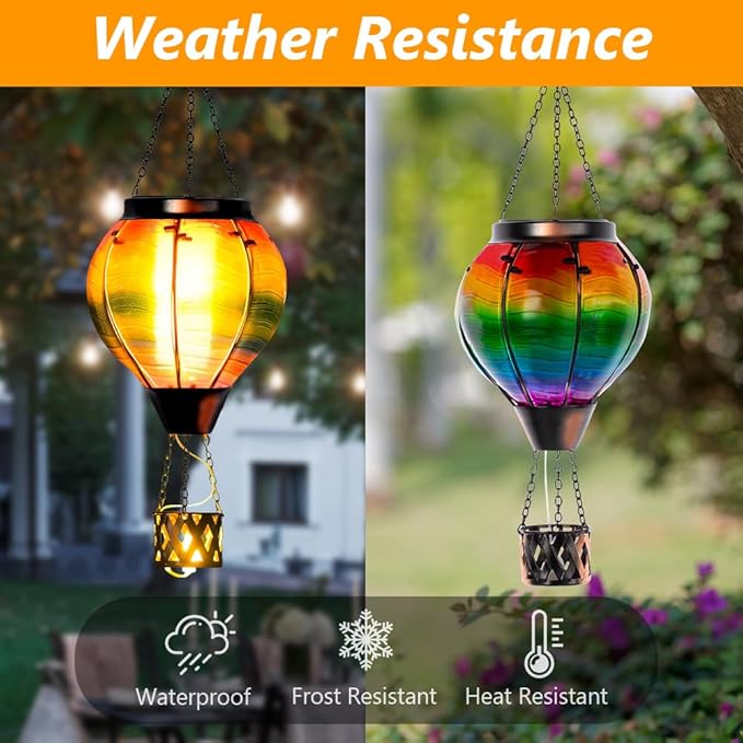 Starsoul Solar Hot Air Balloon Lantern with Flame Multi-Color Hot Air Balloon Lantern with Candle Holder Metal & Glass Hanging Garden Light Waterproof Outdoor Lantern Decor