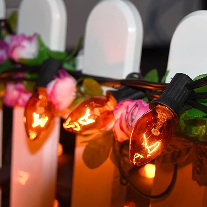 Christmas Orange String Lights Outdoor, 25Ft C7 Christmas Decorations Lights with 27 Clear Orange Bulbs (2 Spare), Waterproof Vintage Christmas Lights for Patio Halloween Party Holiday Garden- Black