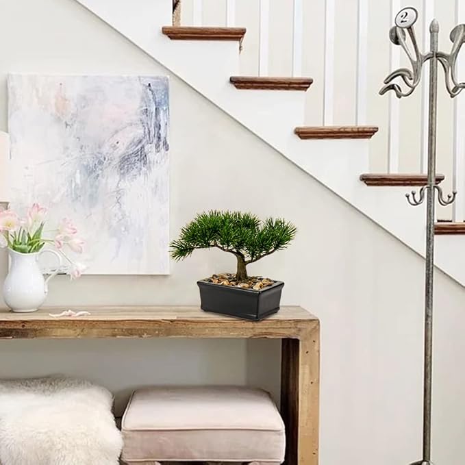 DILATATA Fake Bonsai Tree Zen Juniper Bonsai Plant 6.5” Tall Artificial Bonsai Trees with Black Ceramic Pot Decorated with Pebbles Desk Plant Indoor Bonsai for Home Office Decor