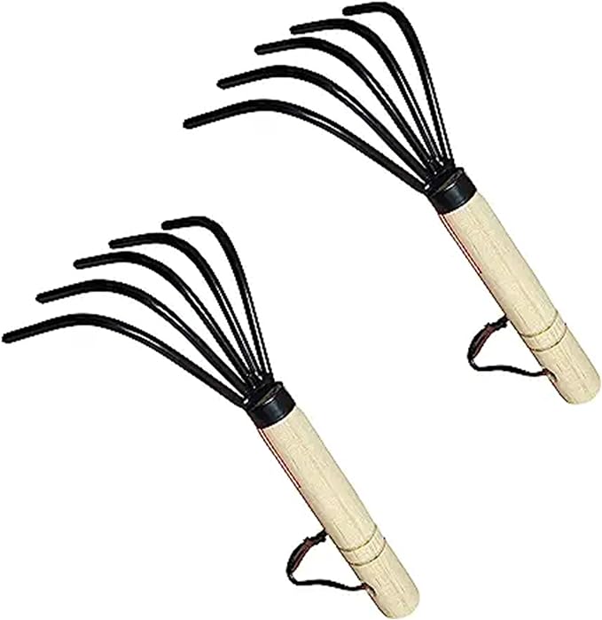 Garden Guru Hand Rake Cultivator Claw Soil Tiller - Military Grade Steel - Rust Resistant - 5 Tine Japanese Ninja Claw - Comfortable Wood Handle - Perfect Pulverized and Aerated Soil (2 Pack)