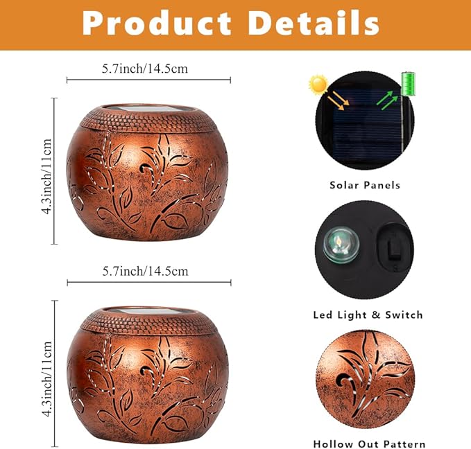 2 Pack Solar Lanterns Outdoor Waterproof, LED Hollow Out Flower Pattern Solar Lantern, Metal Decorative Solar Lanterns Outdoor for Desk Patio Garden Pathway Christmas Gifts
